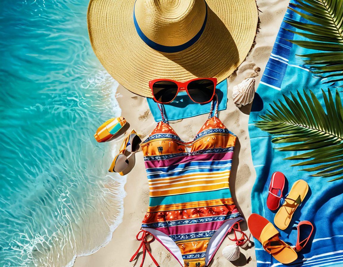 A bright, sunlit beach scene featuring diverse beachwear items artfully displayed: a colorful swimsuit, stylish sunglasses, a trendy beach hat, and a vibrant beach towel, all surrounded by tropical elements like palm trees and seashells. The atmosphere radiates summer vibes with golden sand and gentle waves in the background. super-realistic. vibrant colors. tropical theme.