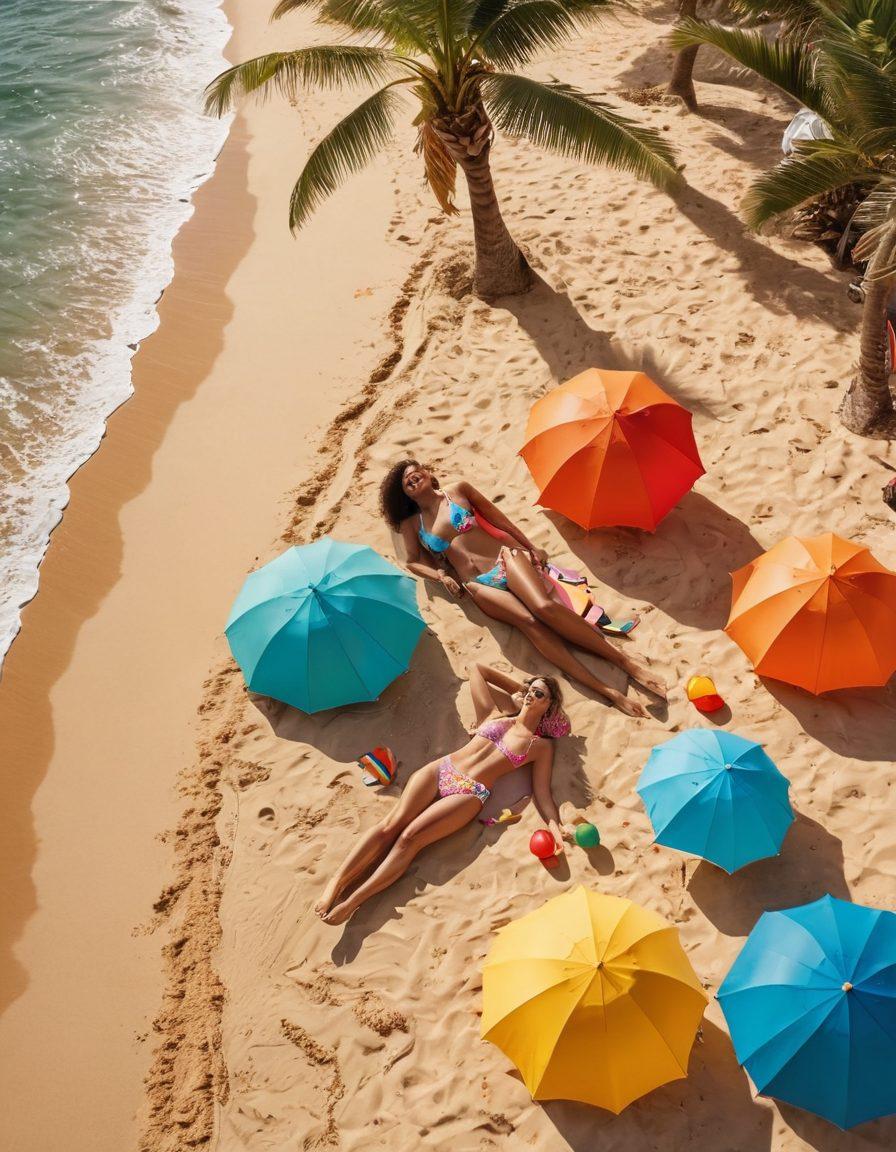A vibrant beach scene showcasing a diverse group of individuals wearing various styles of swimwear, from classic one-pieces to trendy bikinis and surf shorts. Include colorful umbrellas, beach balls, and sun loungers in the background. The sun is setting, casting a warm glow over the sand and water, while palm trees sway gently. Capture the essence of summer fun and style. super-realistic. vibrant colors. beach vibe.