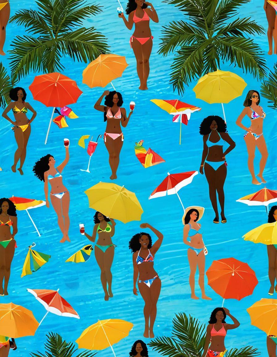 A vibrant beach scene showcasing diverse bikini styles on a sunny day. Include a range of models of different ethnicities wearing various colorful bikinis, lounging on beach towels, and enjoying refreshing drinks. Add elements like palm trees, beach umbrellas, and a clear blue ocean in the background to evoke a summer vibe. The atmosphere should exude joy and relaxation. super-realistic. bright colors. tropical theme.